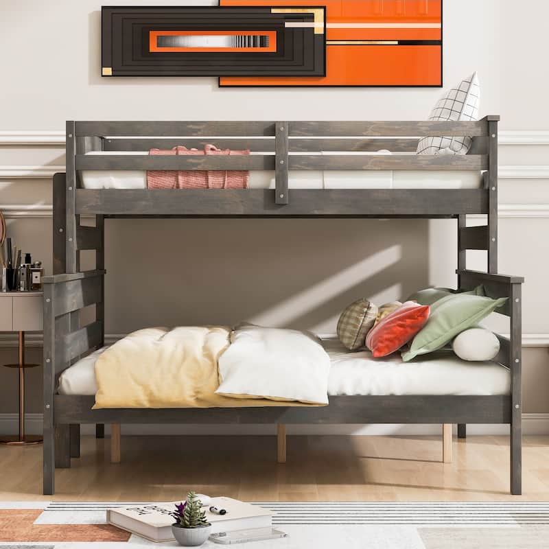 Wood Twin XL over Queen Bunk Bed with Ladder, Detachable Design, No Box Spring Required, Sturdy Pine Wood Frame