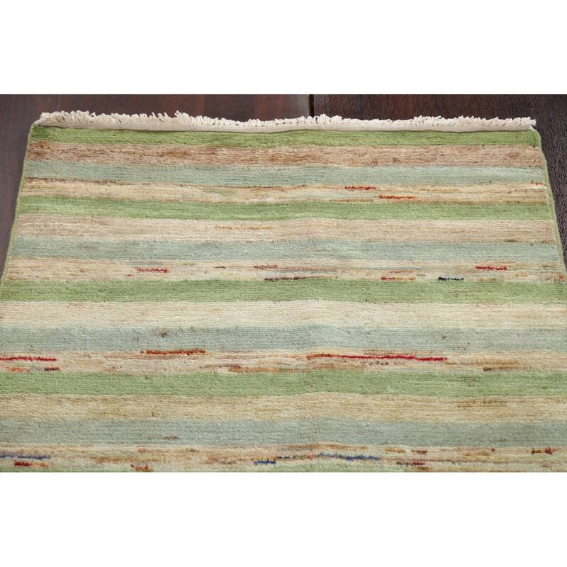 Green Striped Gabbeh Kashkoli Oriental Wool Runner Rug Hand-knotted - 2'8" x 17'9"