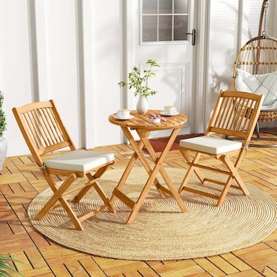 3 PCS Acacia Wood Patio Folding Bistro Set Outdoor Table & Chairs Set