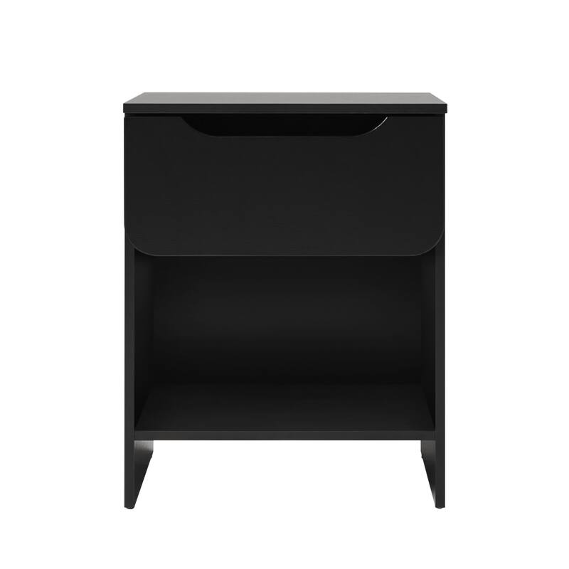 Modern Minimalist Black Nightstand with Single Drawer and Open Cubby
