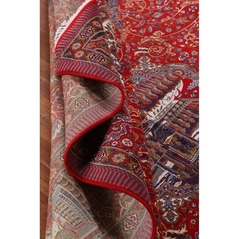 Pictorial Red Floral Kashan Turkish Area Rug Machine Made Carpet - 9'8" x 13'1"