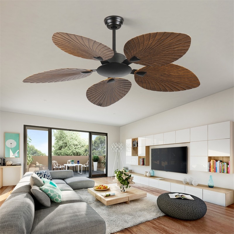 52" Indoor/Outdoor Retro 5-Palm Leaf Shaped Blades Tropical Ceiling Fan without Light