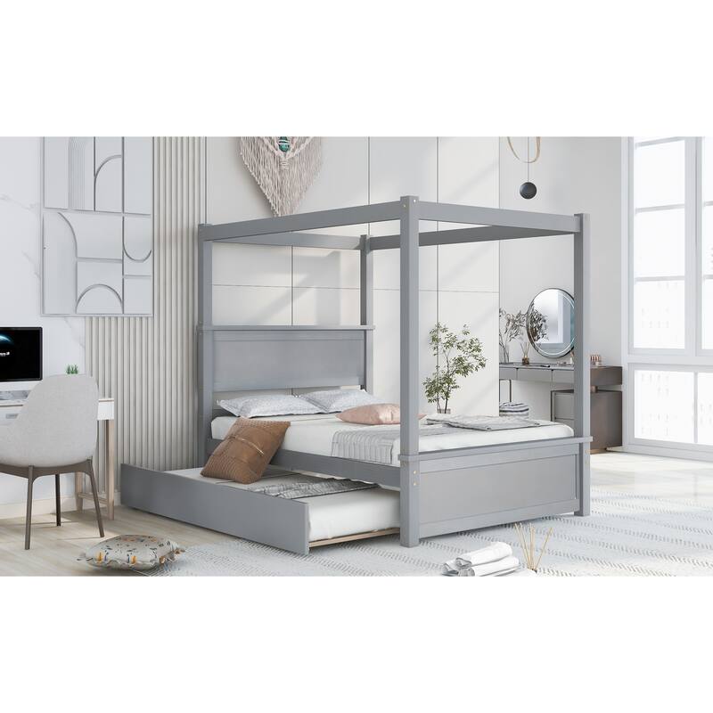 Modern Full Canopy Bed with Trundle, Solid Wood Frame, and Customizable Curtain Rails