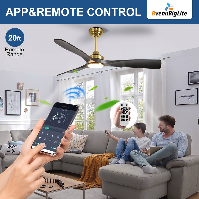52 in. Indoor/Outdoor Dimmable Ceiling Fan With Light for Patios, Modern Noiseless Ceiling Fan with Remote APP Control
