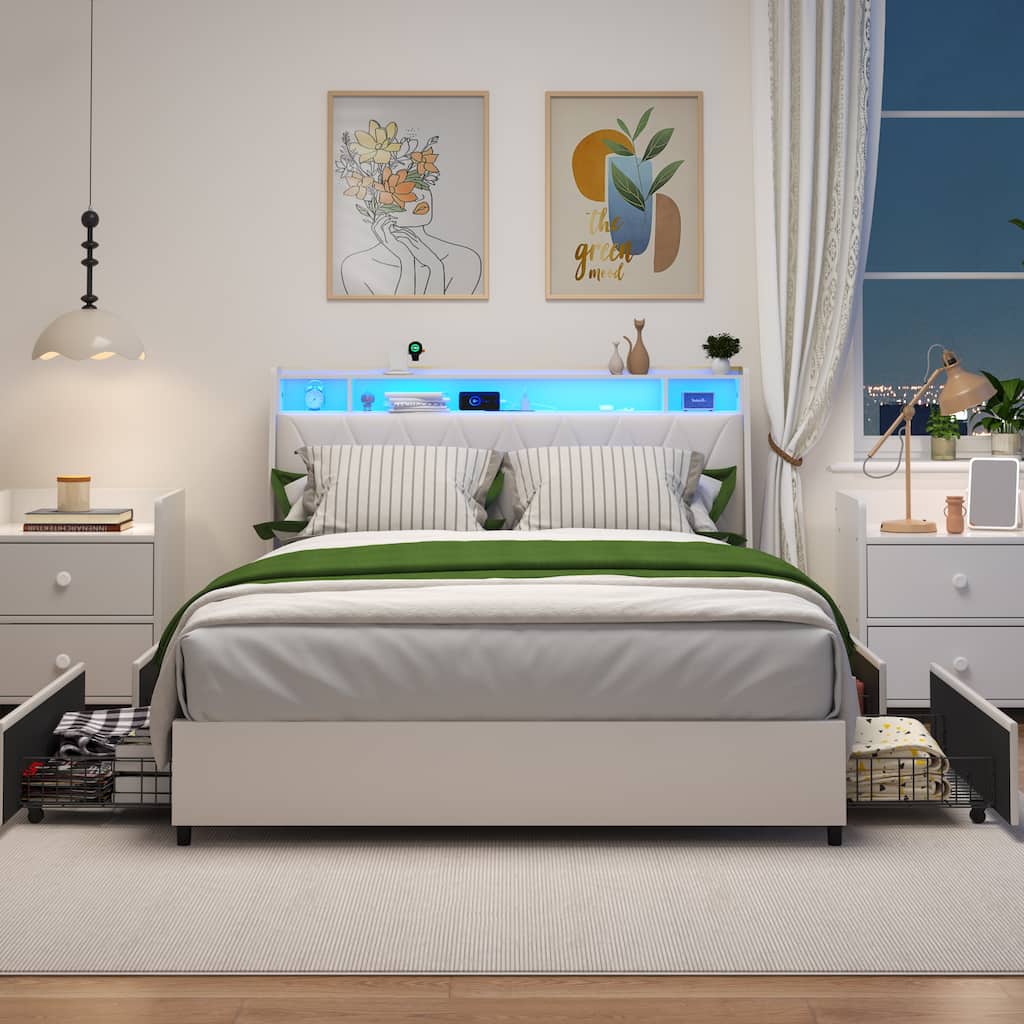 Queen LED Platform Bed Frame with USB Headboard, Charging Ports & Storage Shelf
