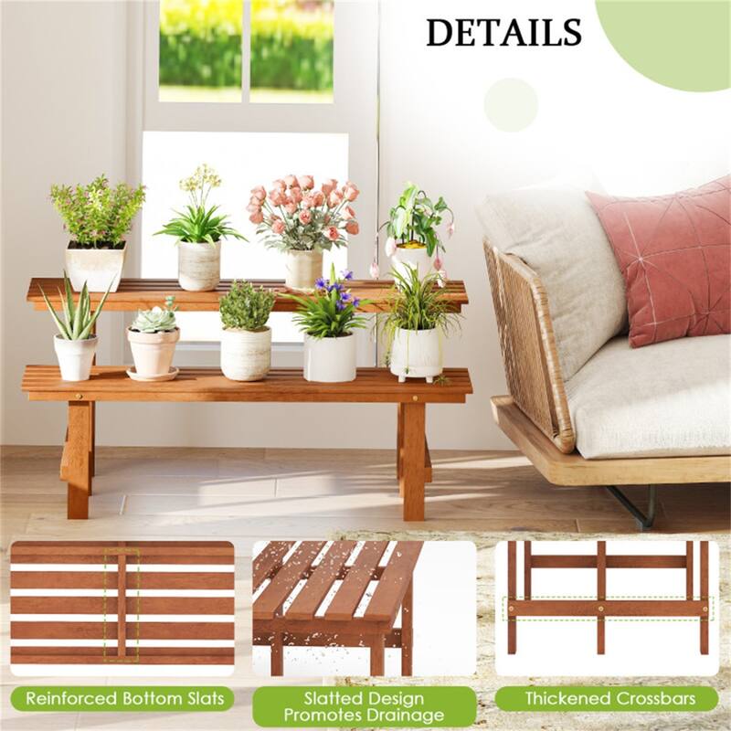 2-Tier Wooden Plant Rack Ladder Shelf with Slatted Shelves for Indoor and Outdoor Use - 23" x 22" x 48" (L x W x H)