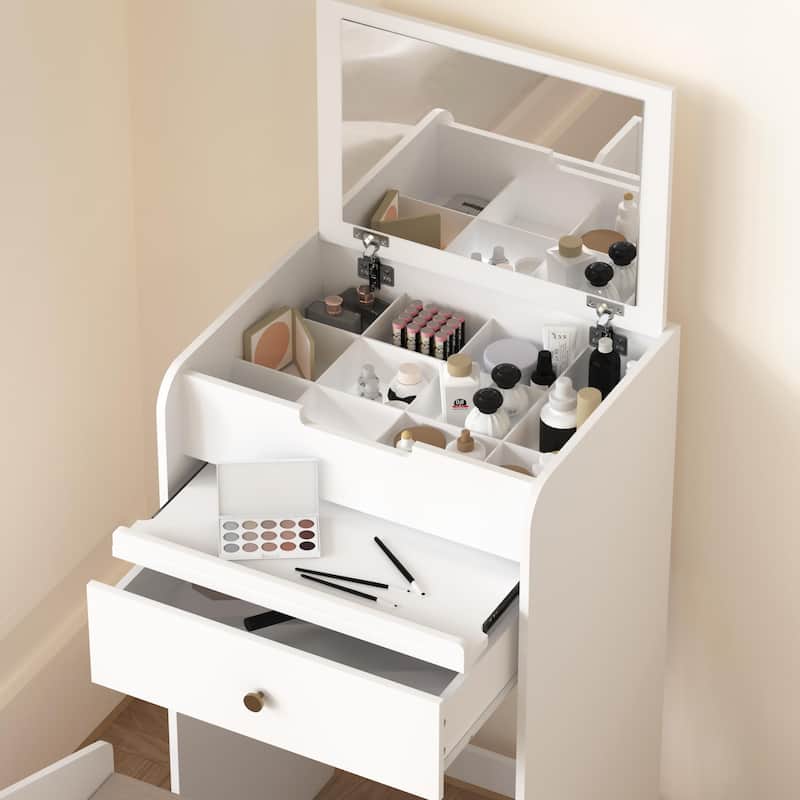 Anmytek Multifunctional Storage Unit White Vanity Desk with Mirror,Chair, Drawers for Small Spaces