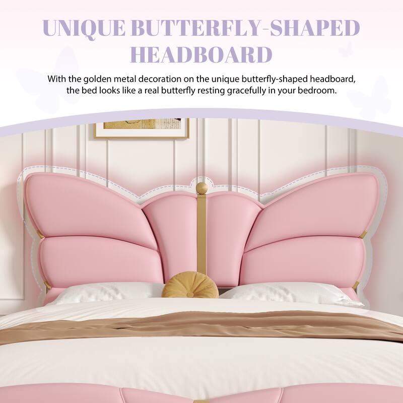 Queen Size Upholstered Bed Frame, with Butterfly Shaped Headboard and Footboard, Platform Bed Frame with Metal Decorations