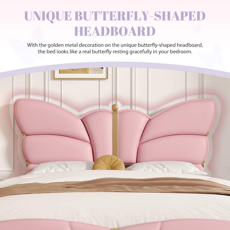 Roomfitters Queen Size Upholstered Platform Bed Frame with Butterfly Headboard, Faux Leather, Gold Accent Trim