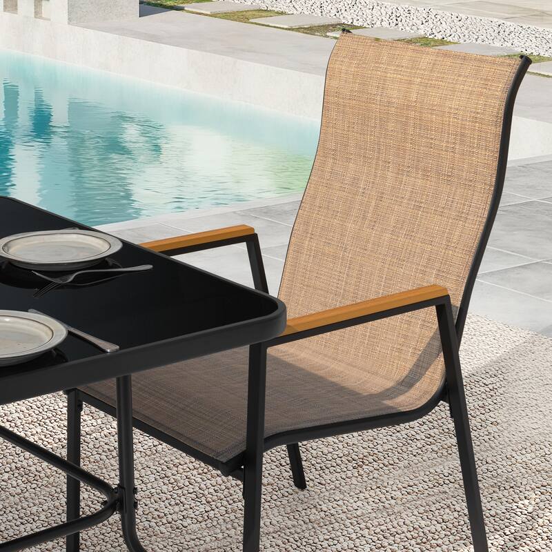 5-Piece Textilene Patio Dining Set with Umbrella Hole, Stackable Design