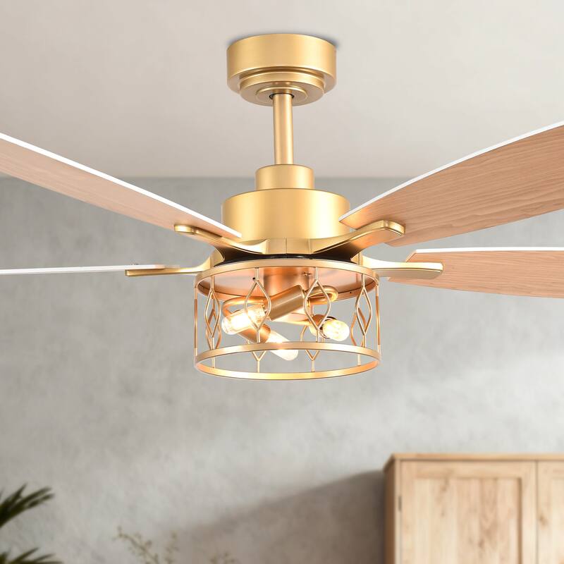 Bella Depot 52" Modern Gold Ceiling Fan with Light and Remote 6-Speed Large Caged Ceiling Fan