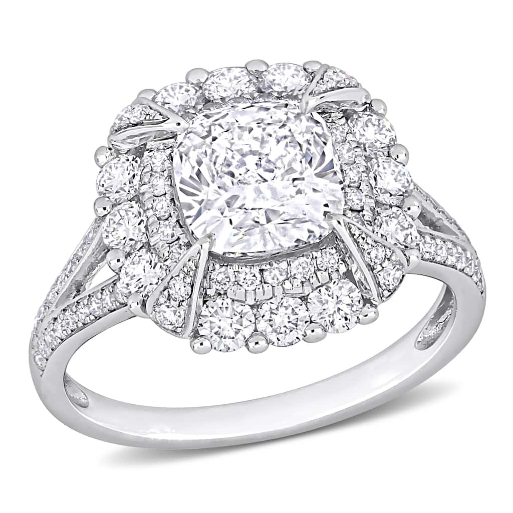 Miadora 3ct TDW Cushion and Round-Cut Diamond Cluster Halo Splitshank Ring in 14k White Gold