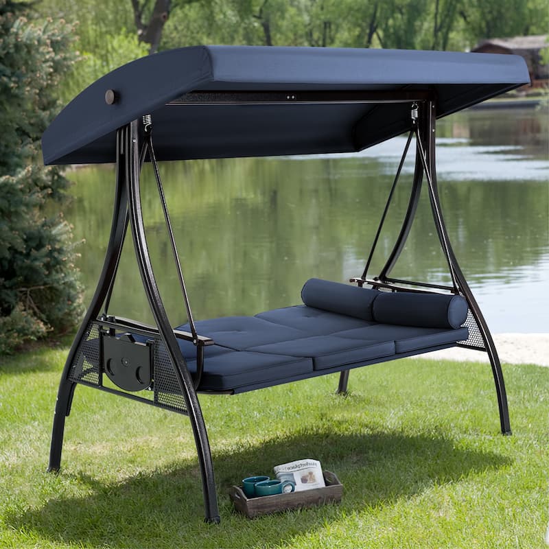 3-Seat Patio Swing with Adjustable Canopy, 750lbs Heavy Duty, Convertible Outdoor Bed, All-Weather, Cup Holders & Thick Cushions