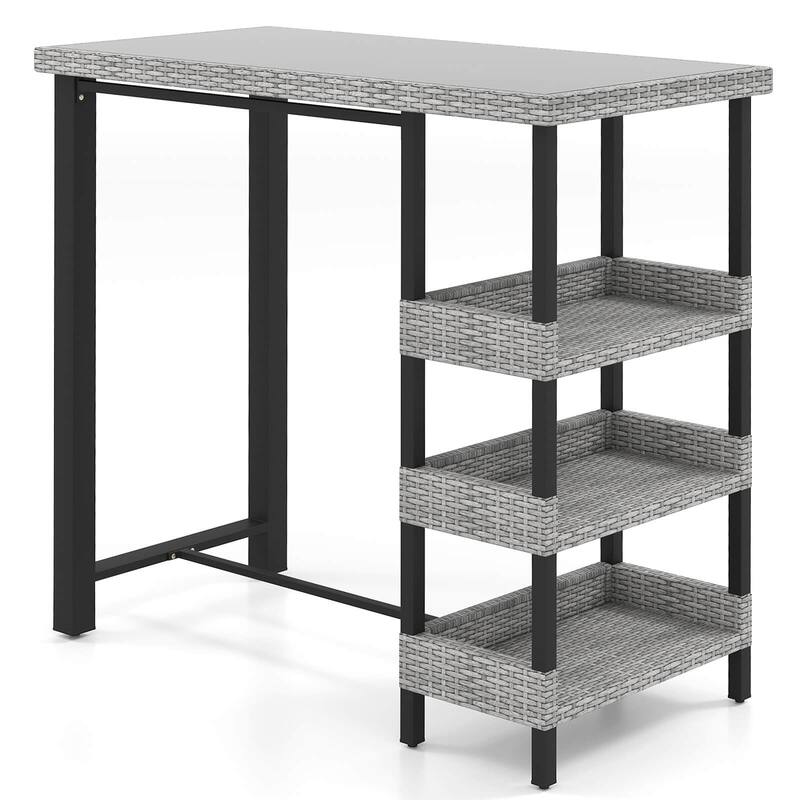 43.5" Outdoor Bar Table Wicker Bar Height Dining Table w/ Shelves - Grey