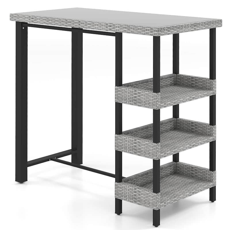 Costway 43.5" Outdoor Bar Table with Tempered Glass Top & 3 Rattan - See Details - Mix Gray