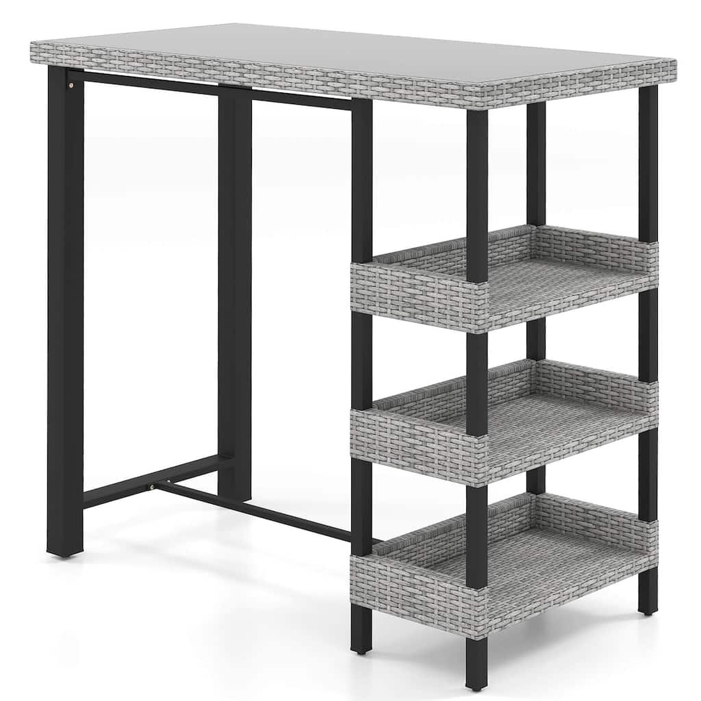 Costway 43.5" Outdoor Bar Table with Tempered Glass Top & 3 Rattan - See Details