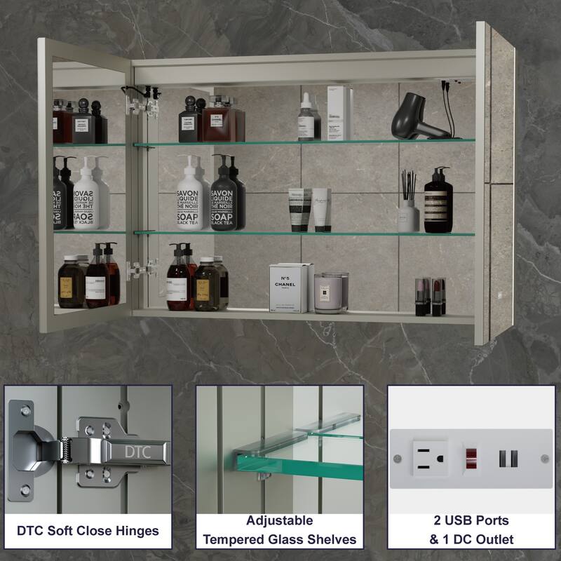 Chloe LED Medicine Cabinet with Mirror, Dimmable, Anti-fog, Adjustable Glass Shelves, Recessed or Surface Mount