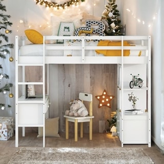 Twin Size Loft Bed with Built-in Desk with Two Drawers,Shelves,Multifunctional Loft Bed with Storage
