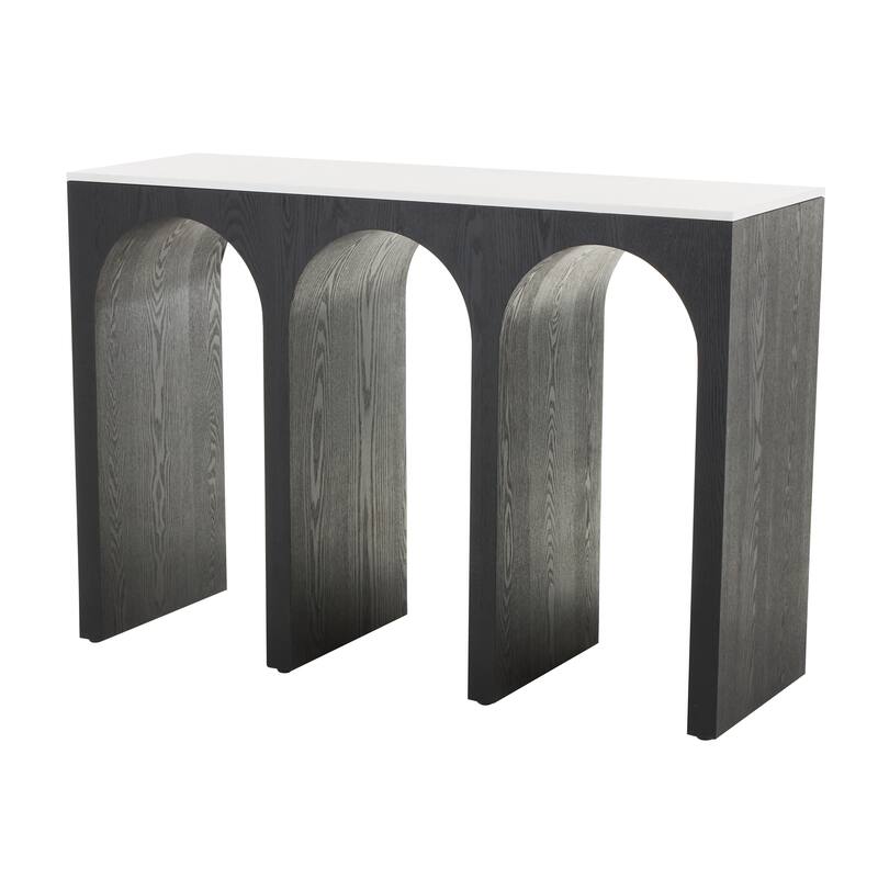 Black Wood Art Deco Arched Cutout Living Room Console Table with White Marble Tabletop