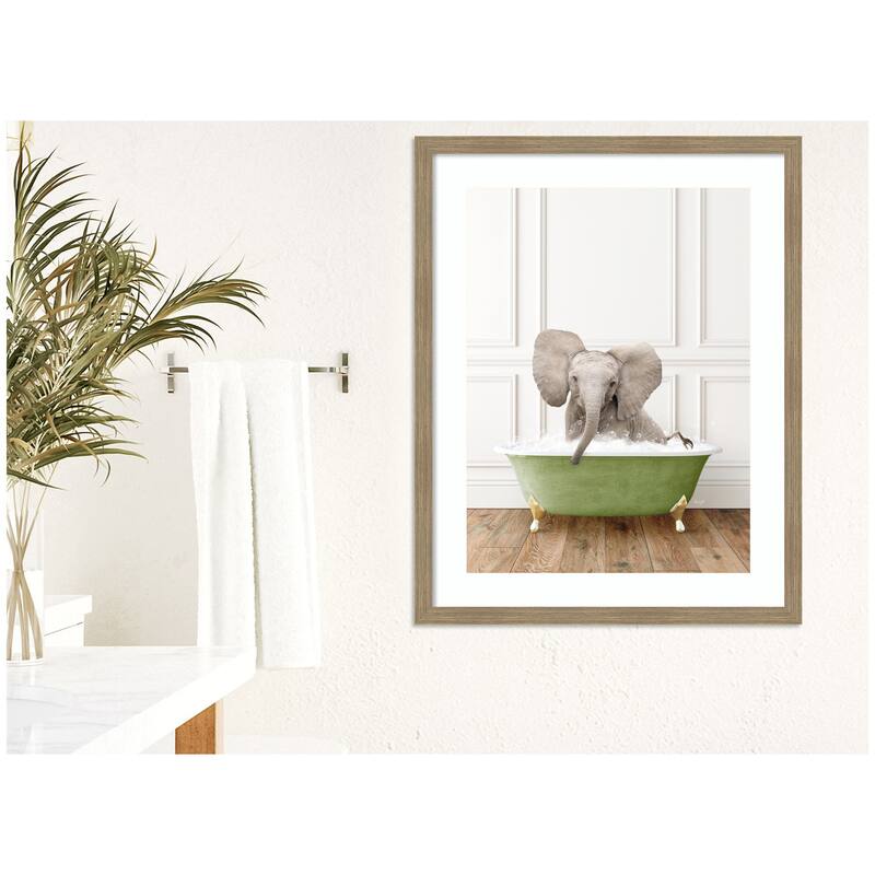 Kate and Laurel Baby Elephant in Transitional Bathtub by Amy Peterson Framed Wall Art Print