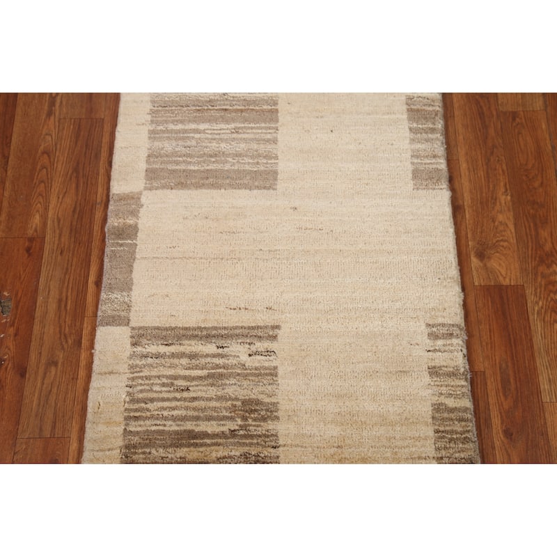 Hand Knotted Oriental 100% Wool Carpet Tribal Modern Beige & Ivories Gabbeh (kashkoli) Area Rug - 3' 2'' X 2' 0''