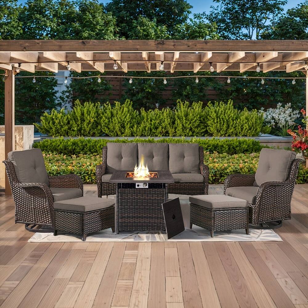 Gymojoy 6-Piece Outdoor Wicker Patio Furniture with Fire Pit Table, Rattan Coversation Set with Water Resistant Thick Cushions