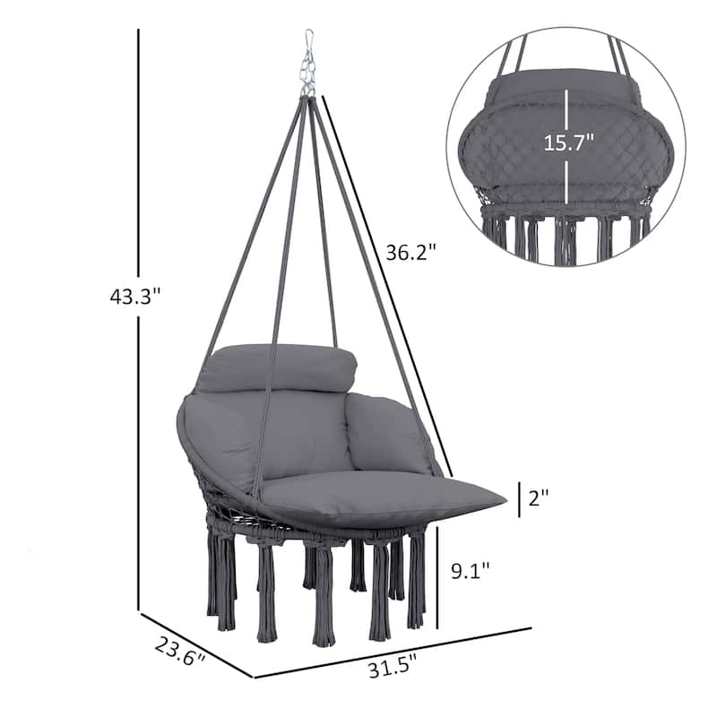 Cotton Blend Hammock Chair with Steel Frame and Comfy Cushion Fringe for Patio or Living Room - 31.5" W x 23.6" D x 15.7" H