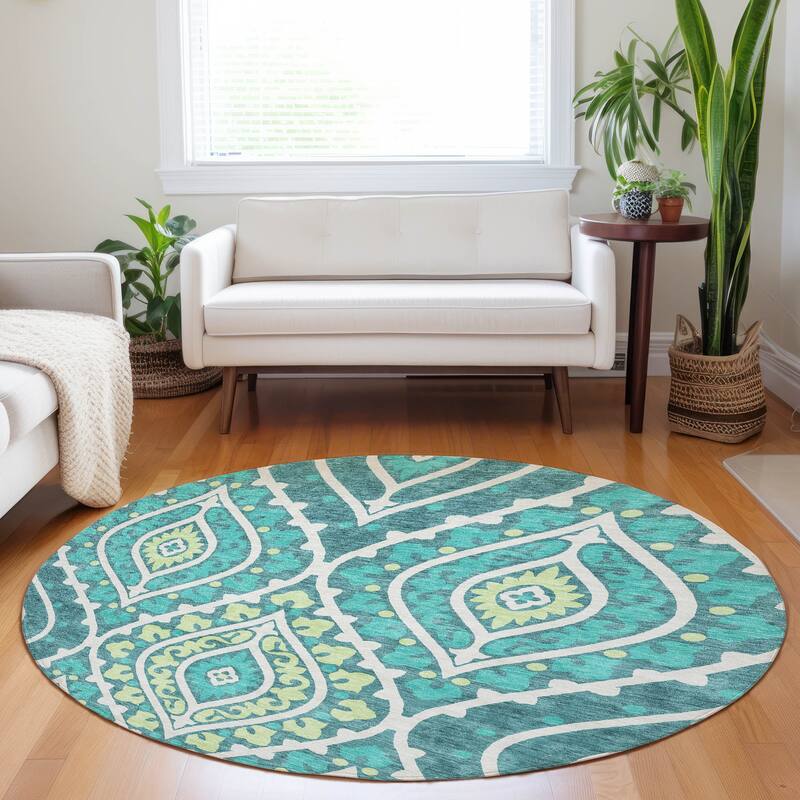 Premium Washable Super Soft Diamond Medallions Mayfield Rug - Teal - 8' x 8' - Round