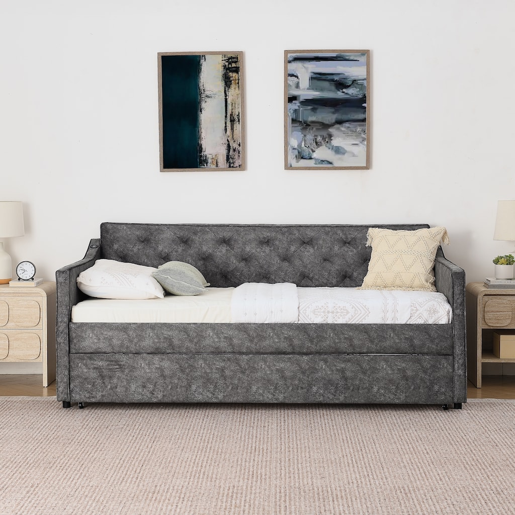 Roomfitters Twin Daybed with Pop-Up Trundle, Upholstered Sofa Bed Frame with USB Charging, Grey