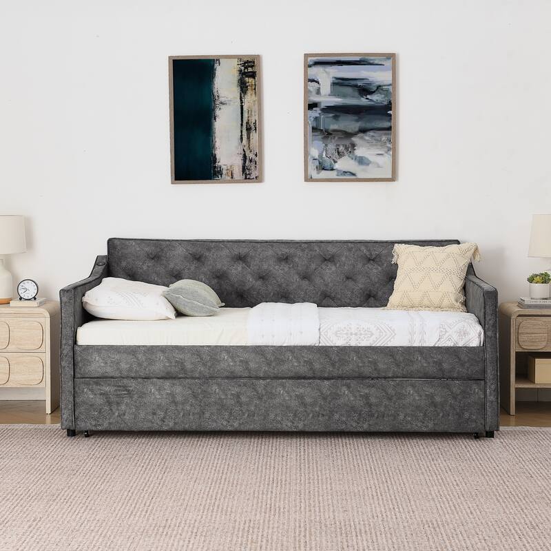 Roomfitters Twin Daybed with Pop-Up Trundle, Upholstered Sofa Bed Frame with USB Charging, Grey - Grey - Twin
