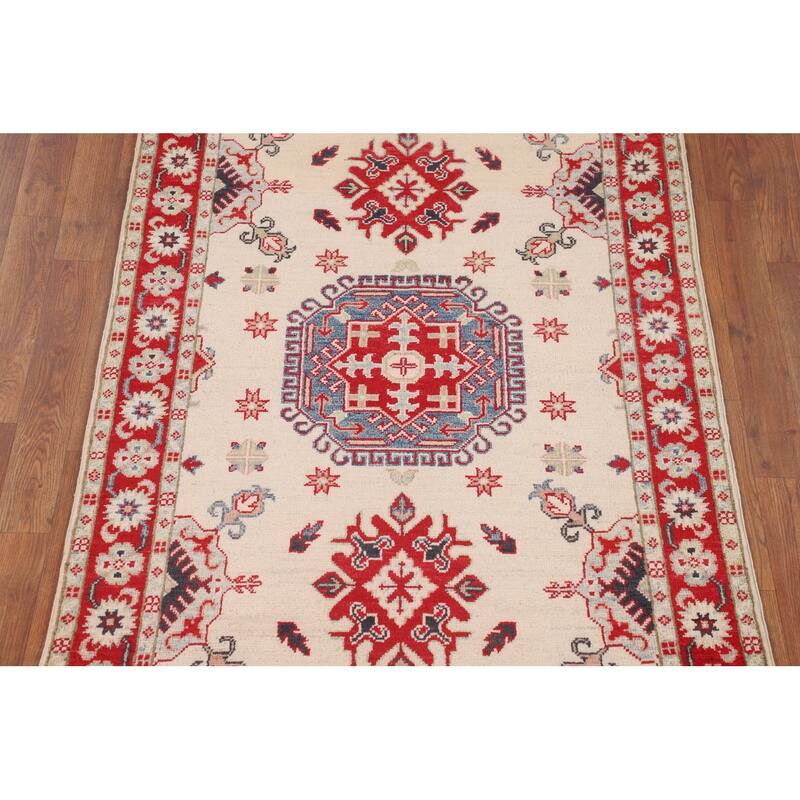 Geometric Beige Kazak Foyer Rug Hand-Knotted Wool Carpet - 3'5" x 5'0"