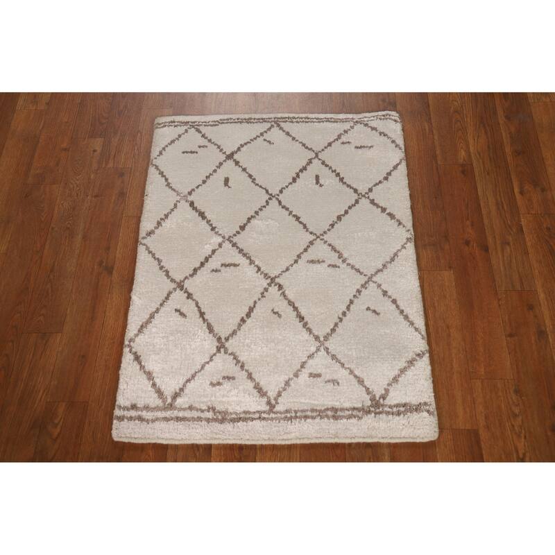 Beige Trellis Moroccan Oriental Accent Rug Handmade Wool Carpet - 2'0"x 3'0"