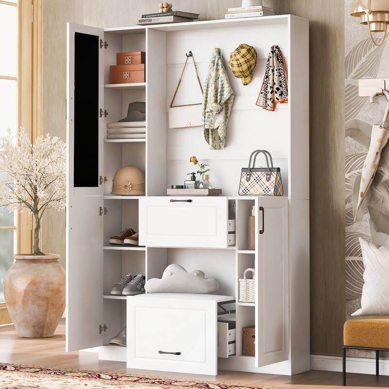 3-in-1 Entryway Bench with Integrated Shoe Cabinet and Foldable Seat for Entrance and Living Room