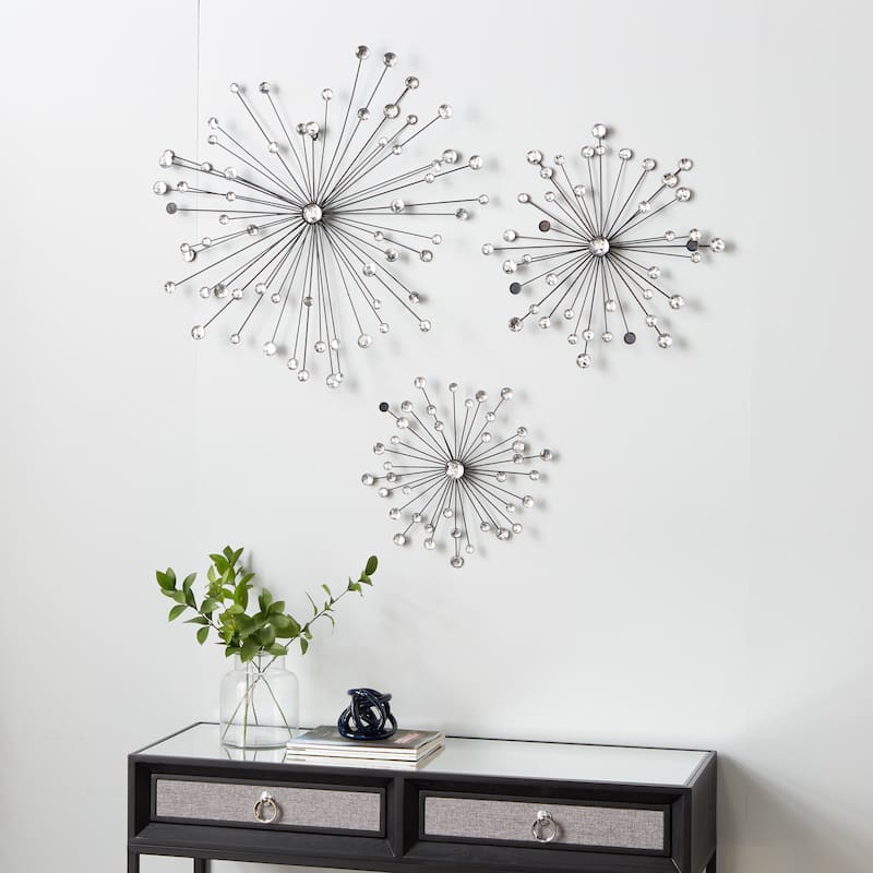 Black Metal Sunburst Home Wall Decor with Crystal Embellishment (Set of 3) - Black