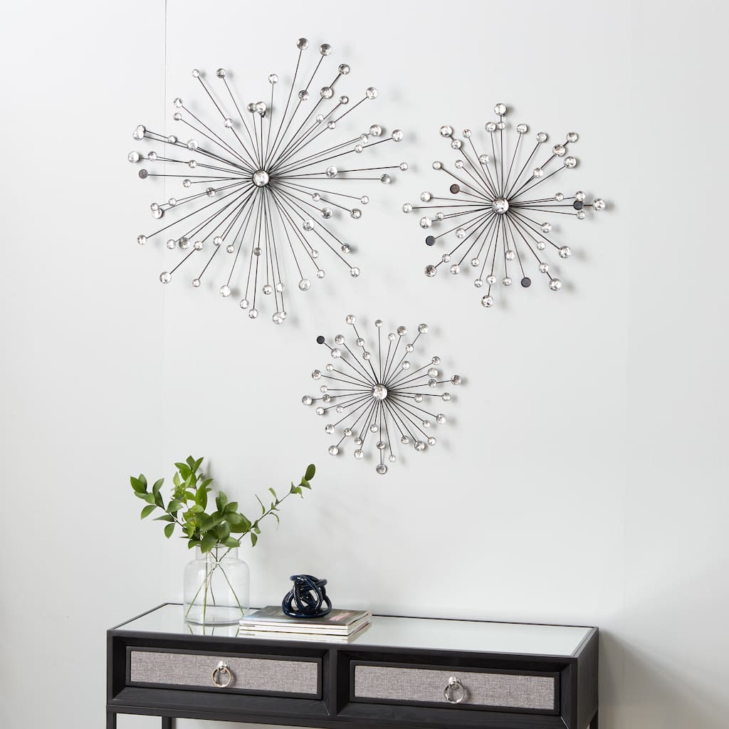 Black Metal Sunburst Home Wall Decor with Crystal Embellishment (Set of 3)