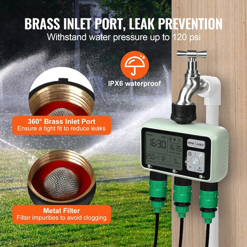 Water Timer Brass Inlet Metal Filter, IPX6 Waterproof for Yard Watering - from 7.25 psi to 120 psi
