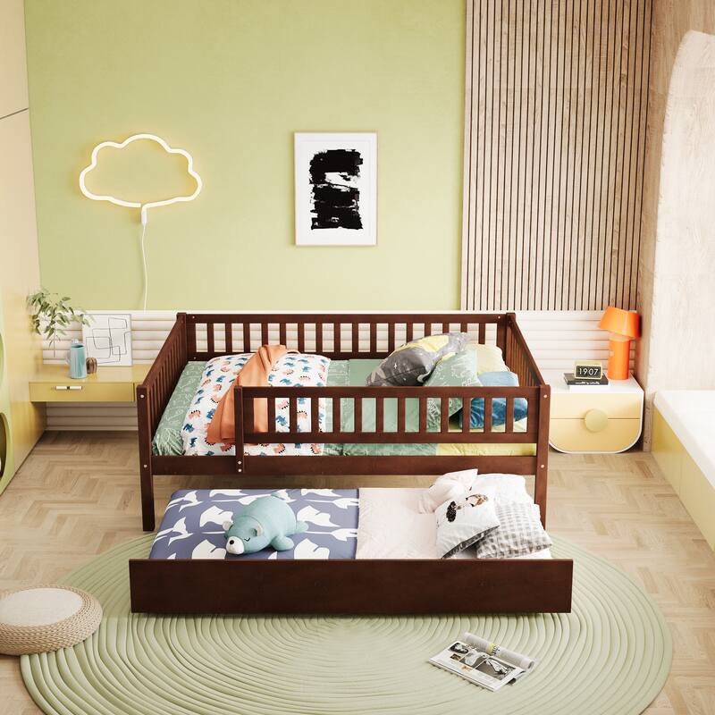 Wood Daybed with Trundle and Fence Guardrails