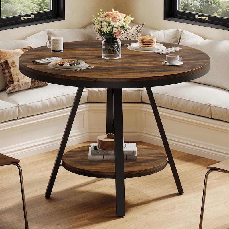 2 Tier Small Round Dining Table for 2-4 People, Industrial Kitchen Dinner Table with Sturdy Metal Leg - Brown + Black