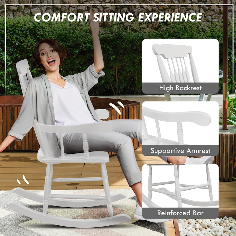 Outsunny Outdoor Wood Rocking Chairs Set of 2, 350 lbs. Porch Rockers with High Back for Garden, Patio, Balcony, White