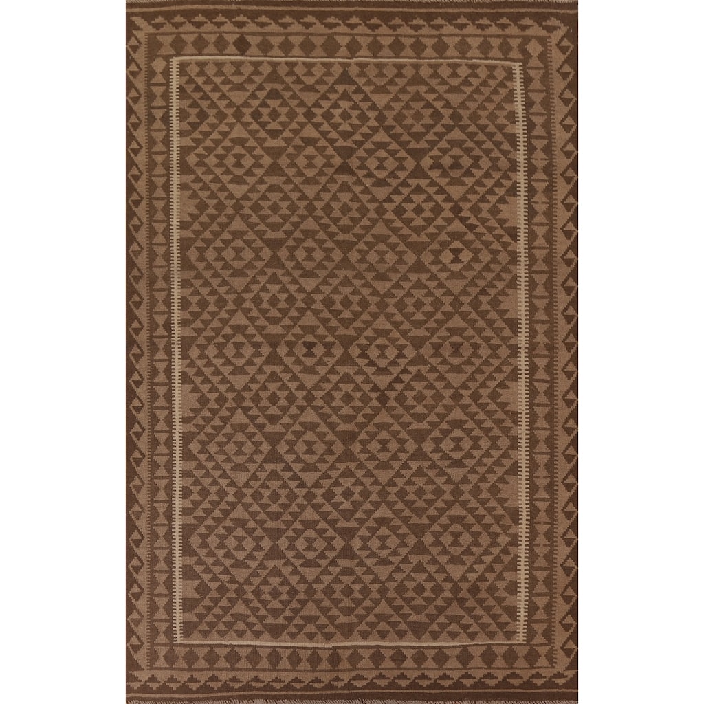 Hand Woven Oriental 100% Wool Carpet Southwestern Geometric Brown Kilim Area Rug - 9' 6'' X 6' 4''