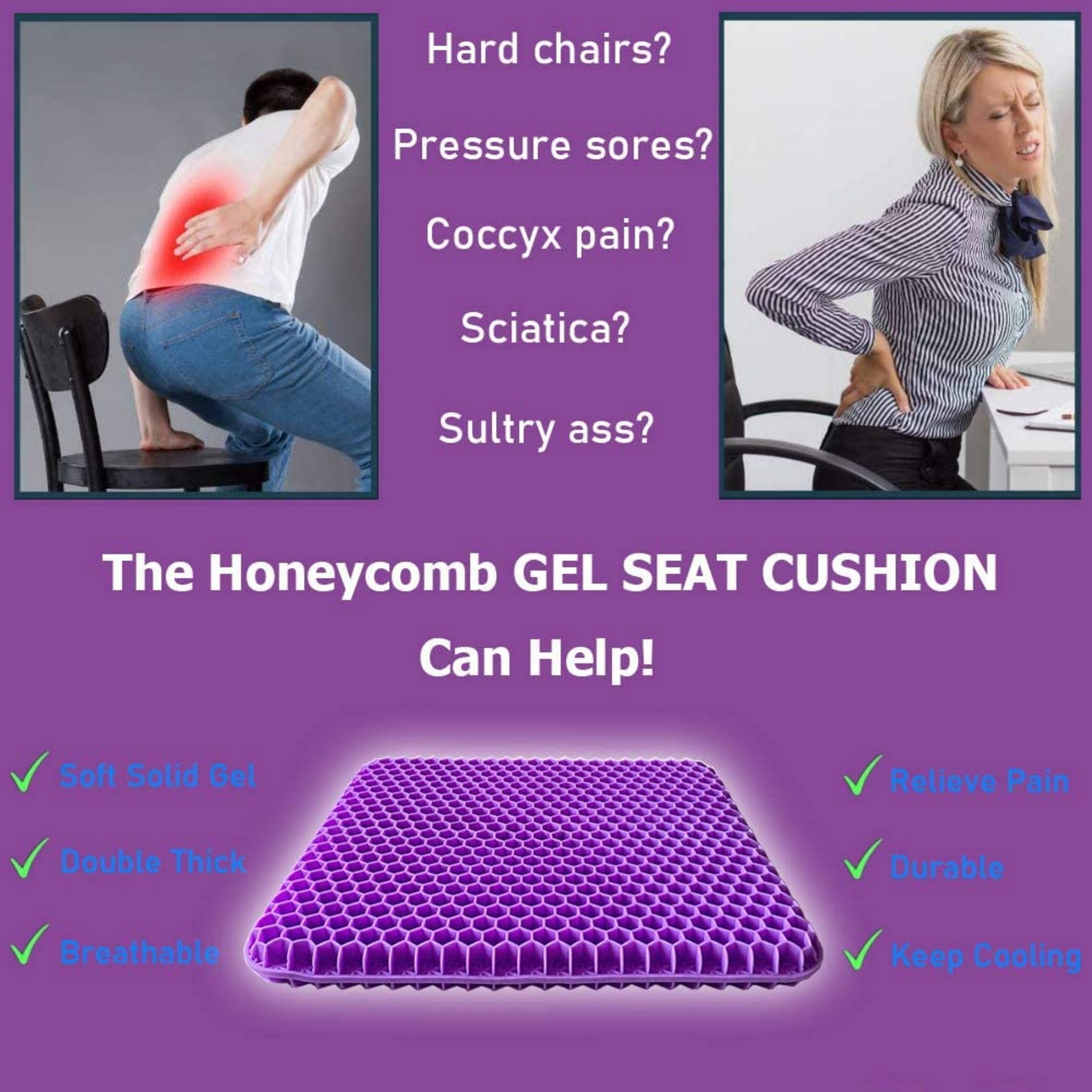 Breathable Honeycomb Purple Gel Seat Cushion for Long Sitting, Tailbon