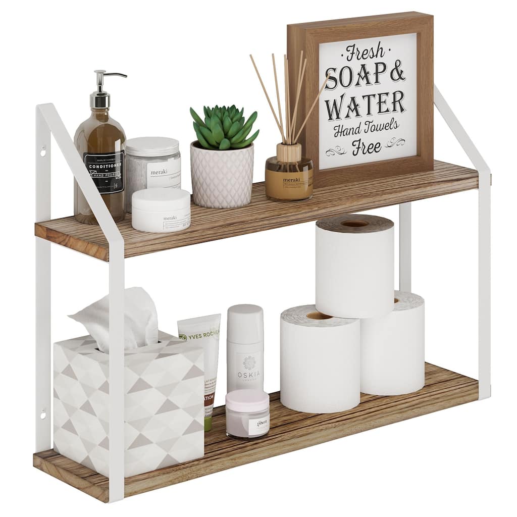 Wallniture Modena 2 Tier Shelves with White Brackets, Bathroom Wall Decor, 24x6", Burnt