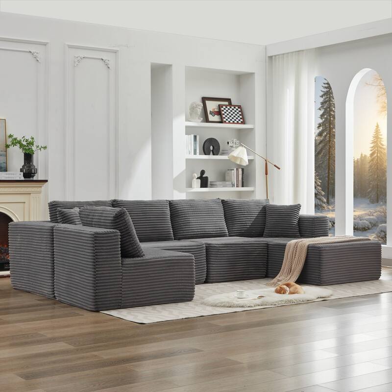 Modular Sectional Sofa with L-Shape Chaise, Oversized Corduroy Upholstered Cloud Sofa, Deep Seat Sofa with 2 Throw Pillows