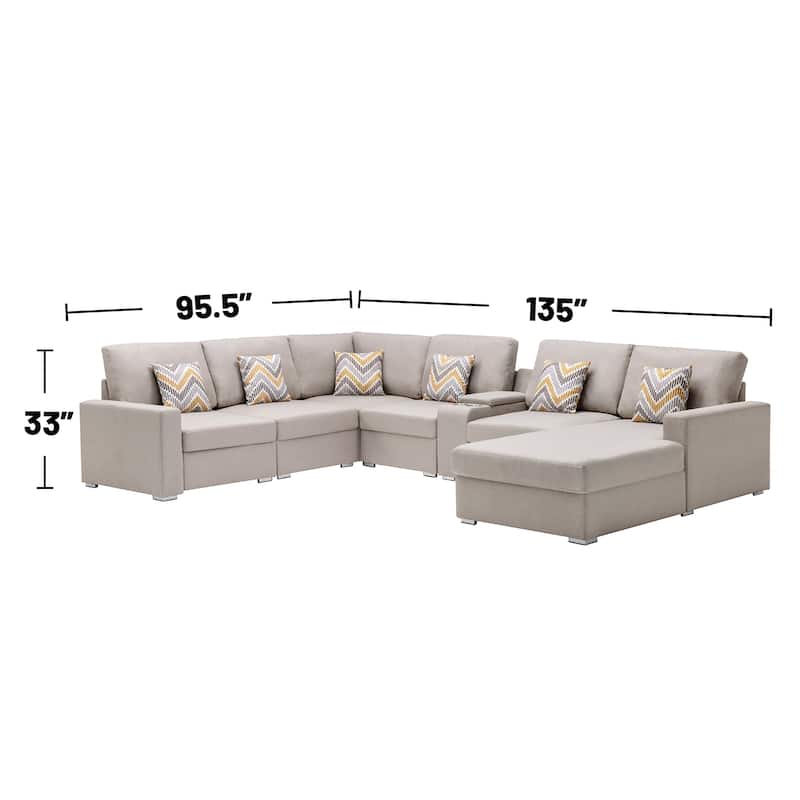 Linen Fabric 7 Piece Reversible Chaise Sectional Sofa with Storage Console Table and 6 Pillows