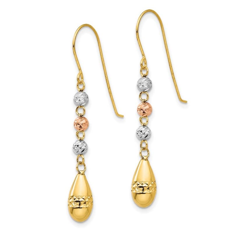Curata 14k Tri Color Gold 39x5mm Faceted Puff Teardrop and Bead Dangle Earrings