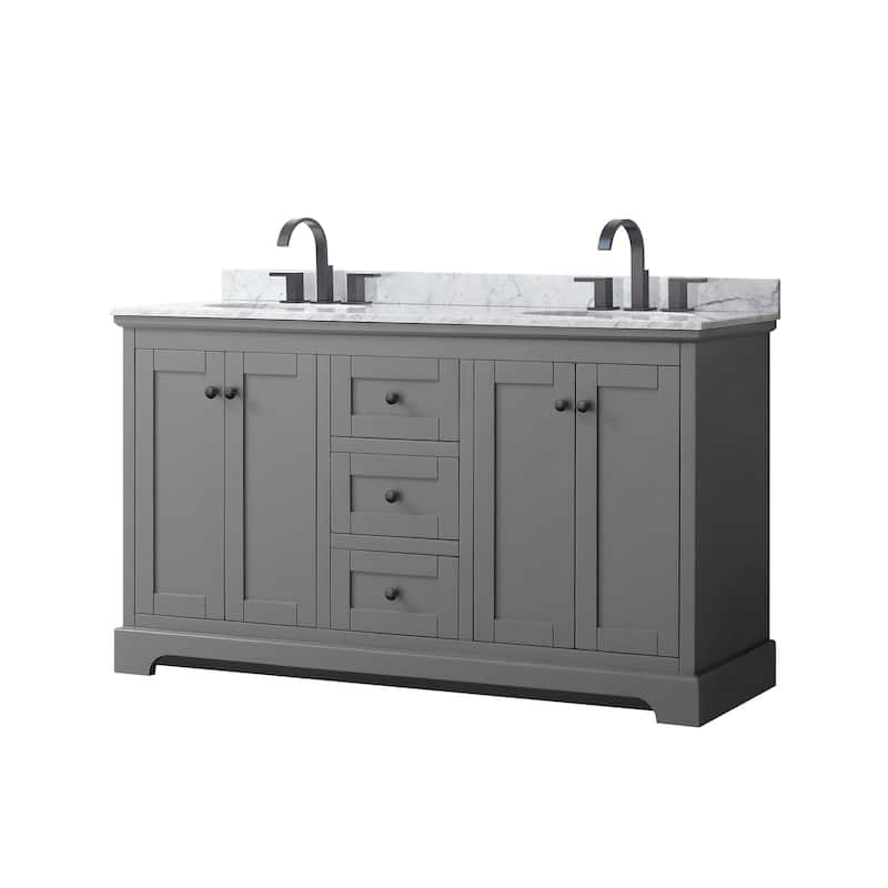 Wyndham Collection Avery 60" Free Standing Double Basin Vanity Set - Dark Gray / White Carrara Marble Top / Matte Black - Steel Finish
