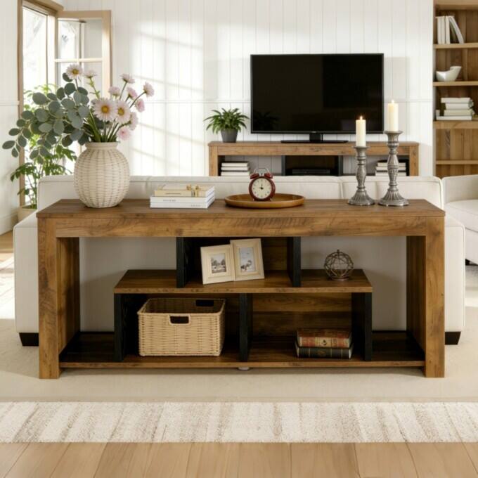 63" Console Table with Storage Shelf, Rustic Wooden Entryway Table