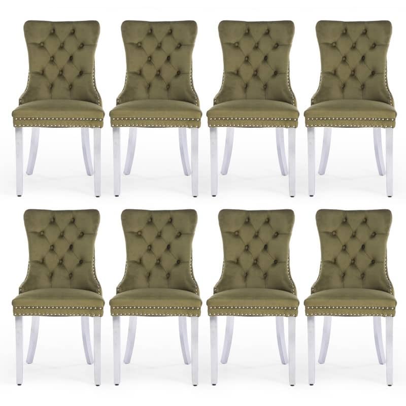 Tufted Naliheads Solid Wood Upholstered Dining Chairs (Set of 8) - Olive SliverLegs