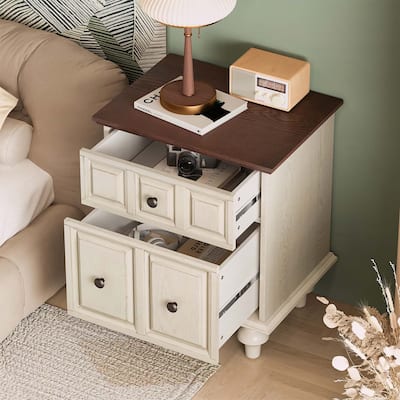 Wood End Table with 2 Drawers and Roman Column Legs,for Bedroom and Living Room