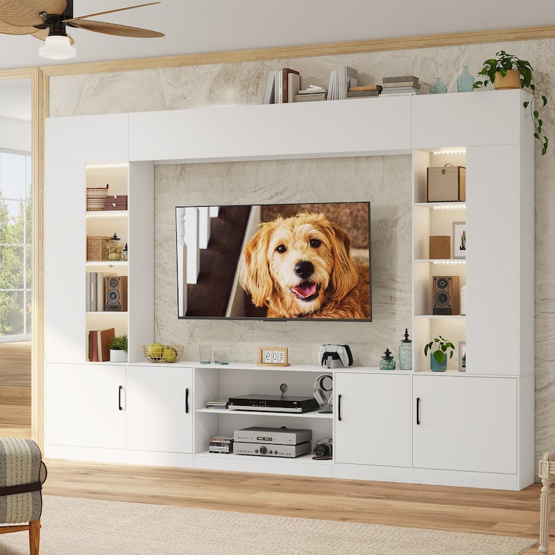 EROMMY 112" Wall Unit TV Stand with LED Lights, Bookshelves and Storage Cabinets for Living Room